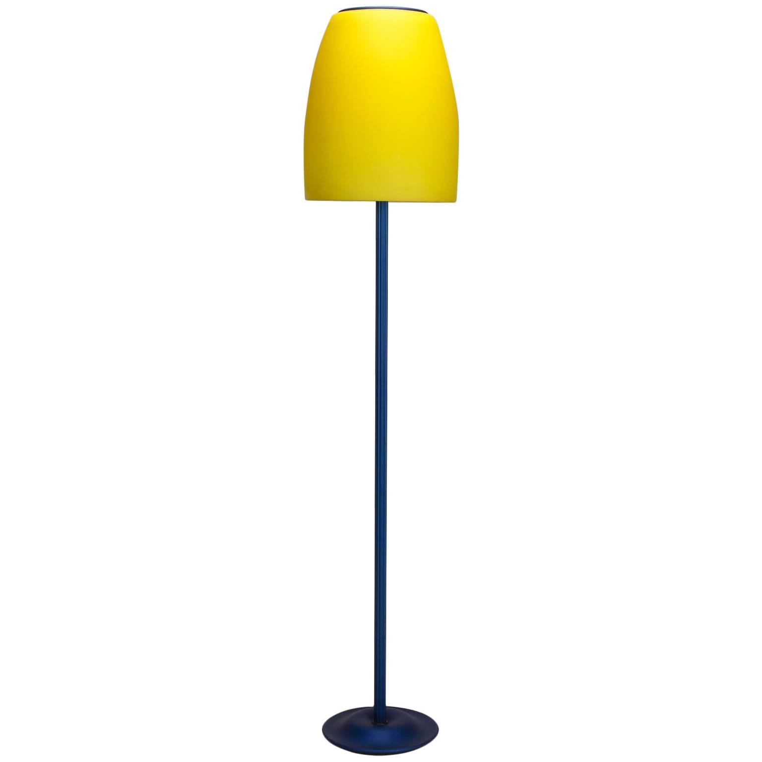 Blue and Yellow Memphis Floor Lamp with Glass Shade