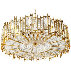 Palwa Chandelier Pendant Light, Gilt Brass and Crystal Glass, 1970