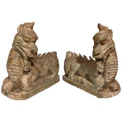 Antique Chinese Old Stone Mythical Qilin Sculptures Ideal Size Book Ends, Cocktail Talk