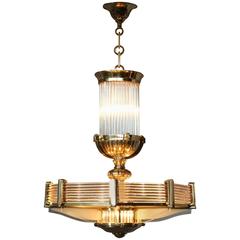Fine French Art Deco Octagonal Bronze and Glass Chandelier by Petitot