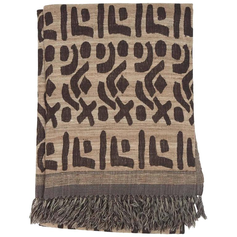 Indian Hand Woven Throw. Oatmeal and Brown. Kuba Design. Wool and Raw