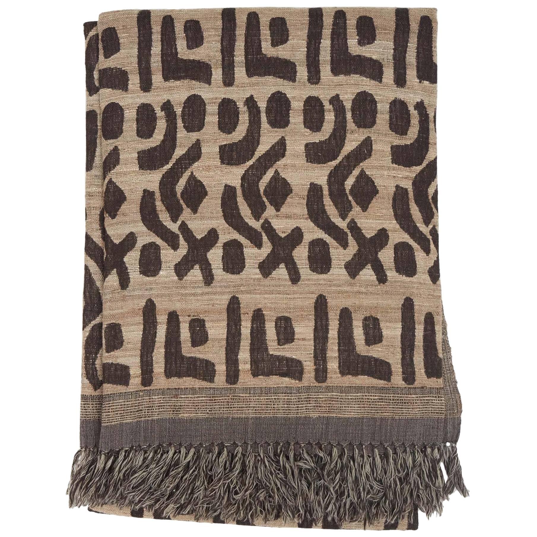 Indian Hand Woven Throw.  Oatmeal and Brown.  Kuba Design.  Wool and Raw Silk.  For Sale