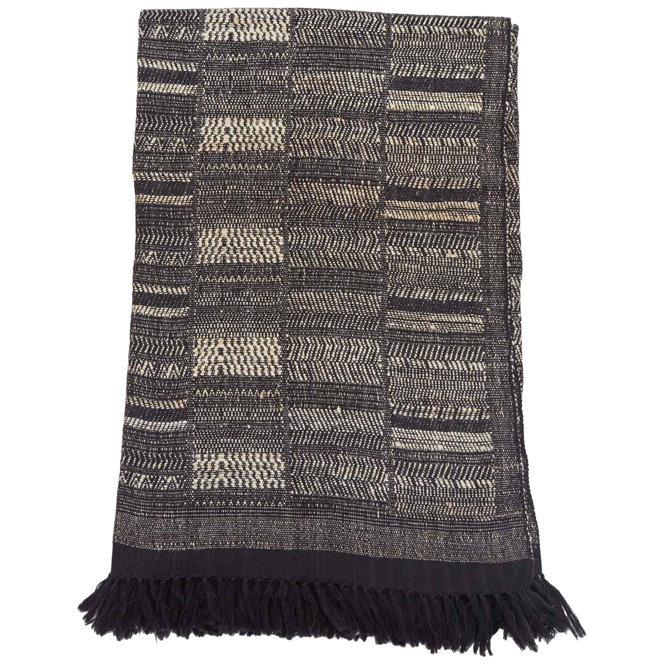 Indian Hand WovenThrow.  Black, ivory.  Wool and Raw Silk.  For Sale