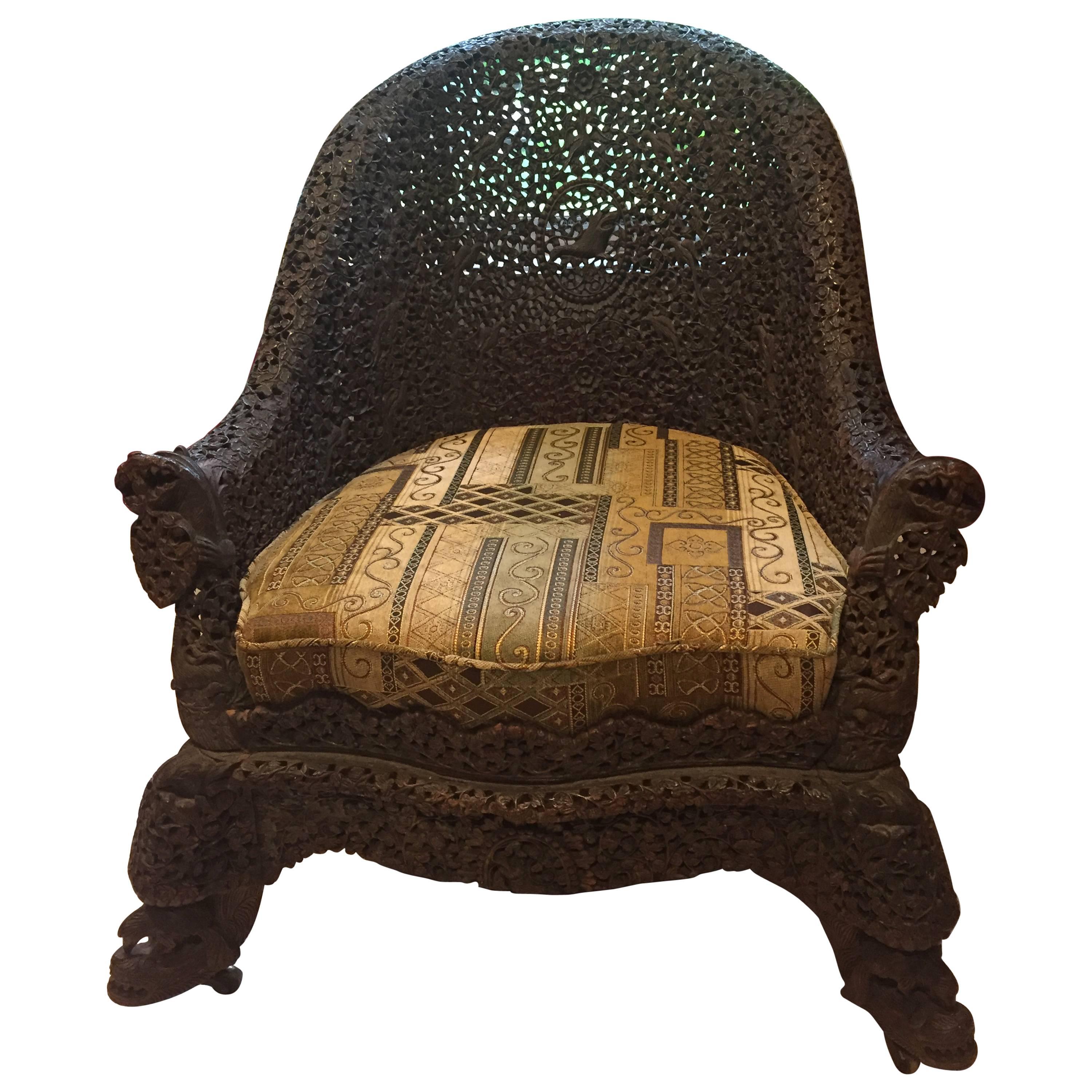 Fine Anglo-Indian antique hand carved  high back armchair,  1880 