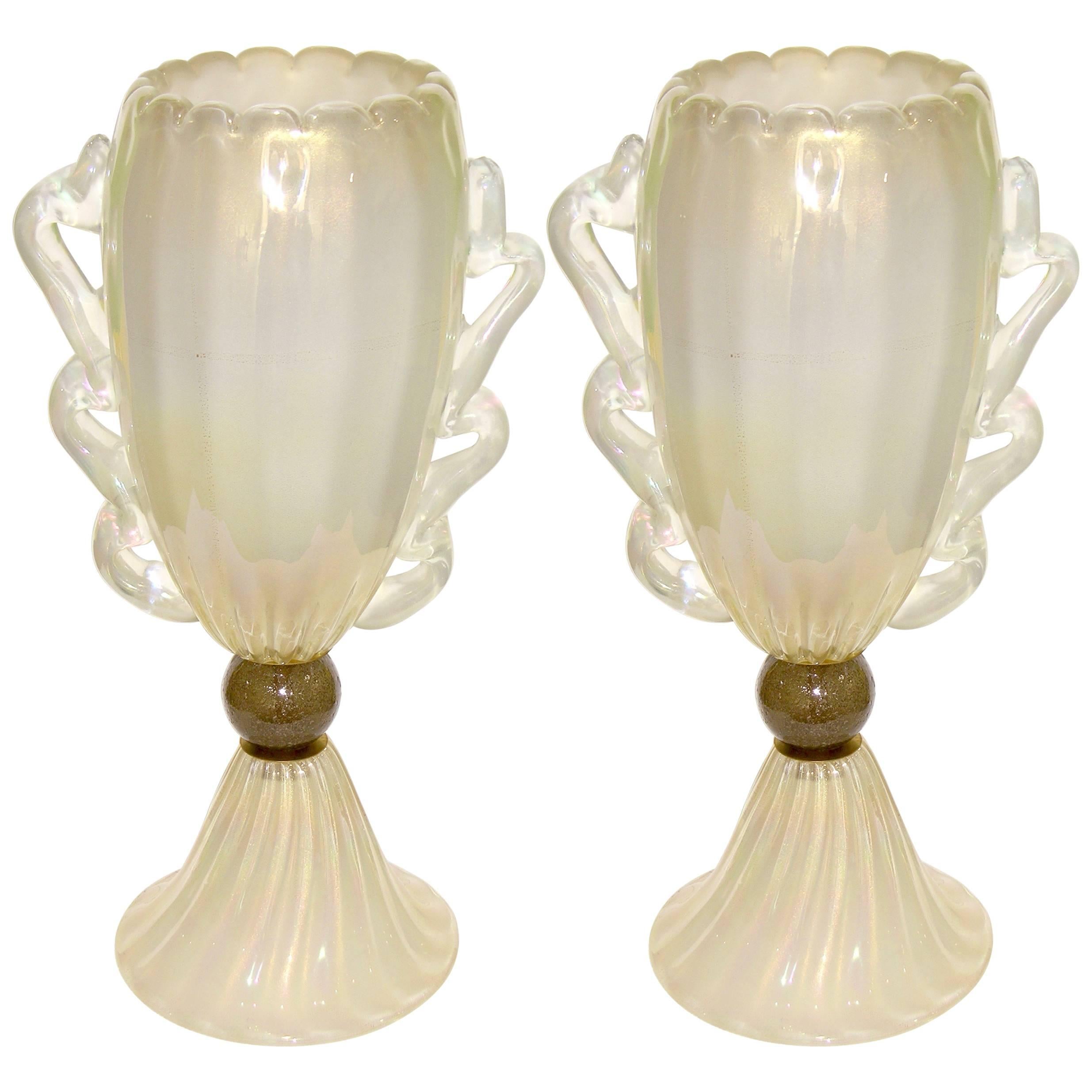 Barovier Toso 1970s Italian Pair of Vintage Gold and Pearl White Glass Lamps