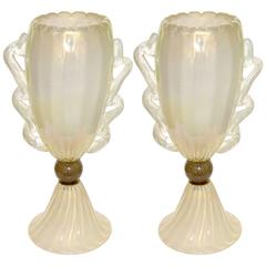 Barovier Toso 1970s Italian Pair of Vintage Gold and Pearl White Glass Lamps