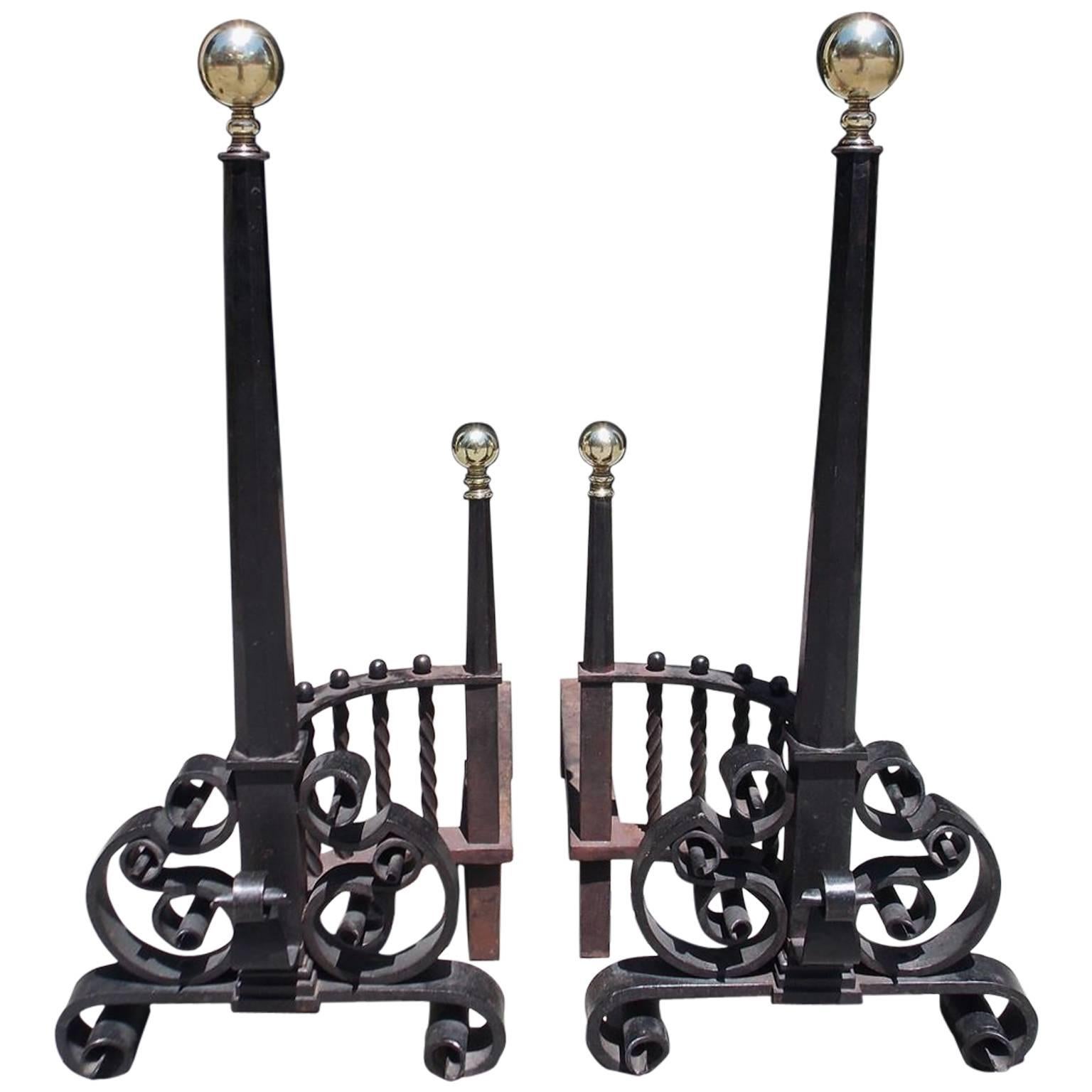 Pair of American Monumental Cast Iron & Brass Ball Top Andirions. Circa 1830 For Sale