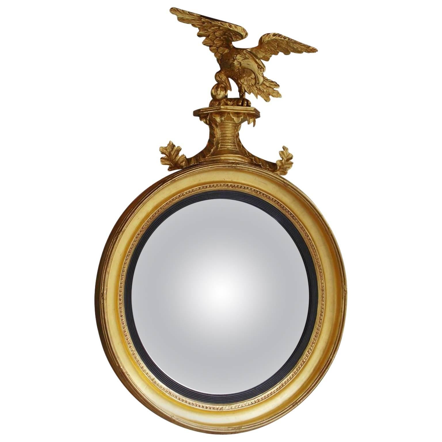 American Federal Gilt Acanthus Convex Mirror with Perched Eagle, Circa 1810