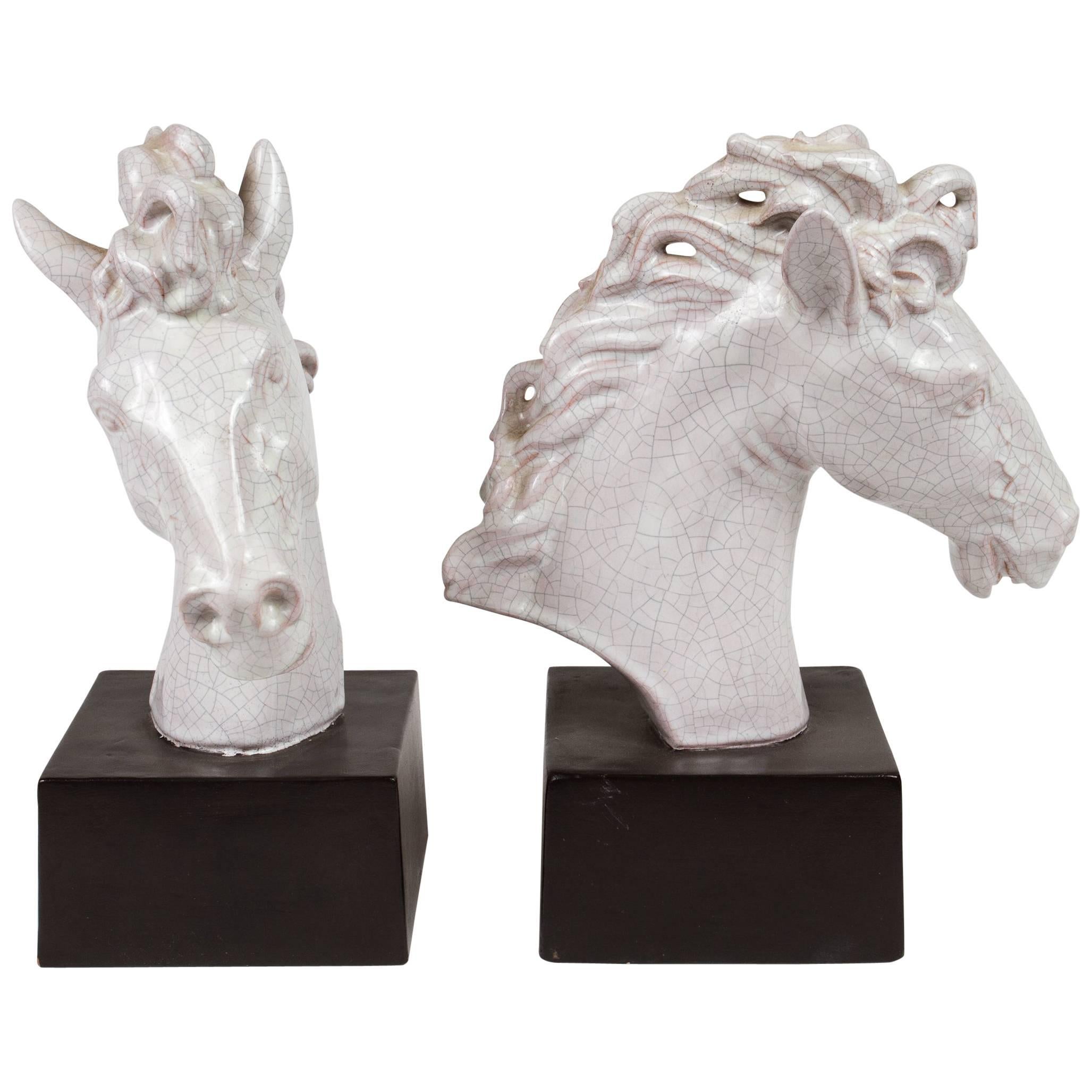 Pair of Austrian Glazed Ceramic Horse Heads Lamps For Sale