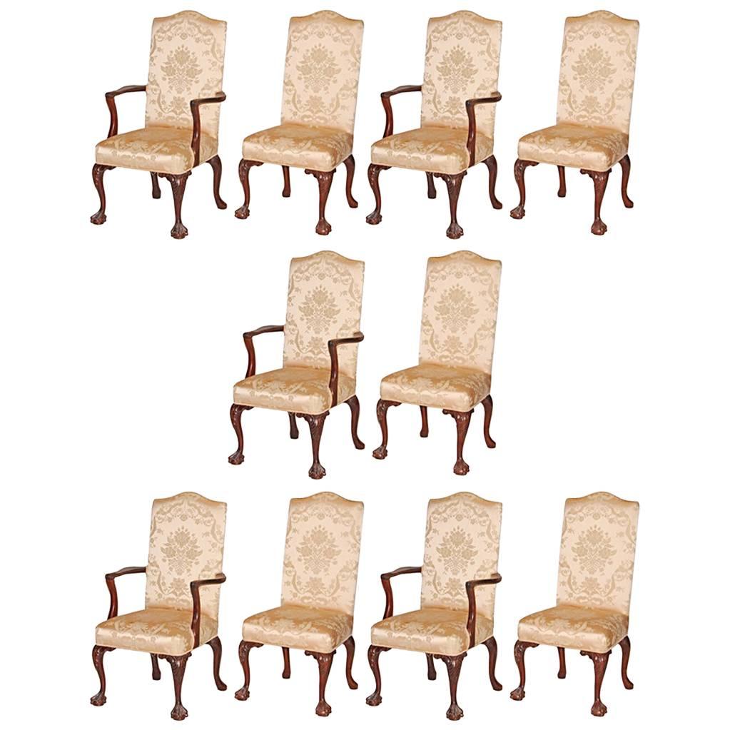 Ten George III Style Carved Mahogany Dining Chairs