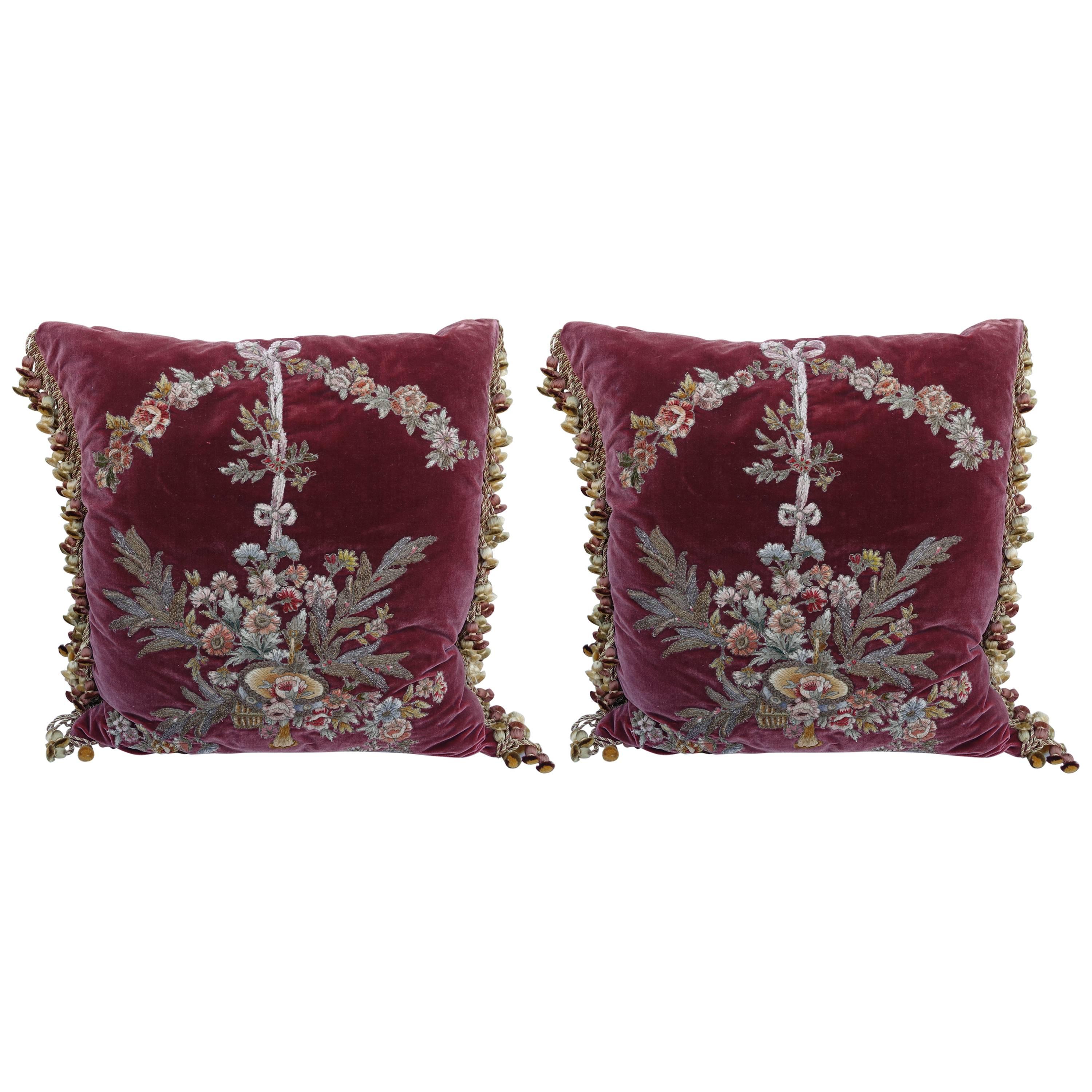 Pair of Metallic & Chenille Embroidered Silk Velvet Pillows