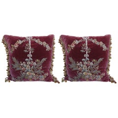 Antique Pair of Metallic & Chenille Embroidered Silk Velvet Pillows
