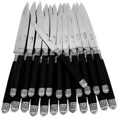 Antique 19th Rare French Ebony Sterling Silver Table Knife Set of 24 Pieces Mascaron