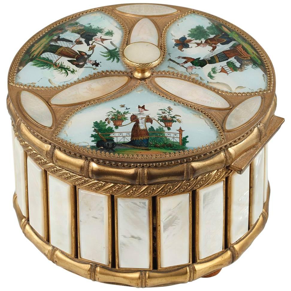 Mother-of-Pearl and Bronze Perfume Box with Scenes from the Far East