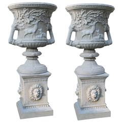 Vintage Pair of Heavy Composite Stone Classical Style Garden Urns