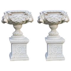 Pair of Heavy Composite Stone Ram's Head Garden Urns on Pedestals