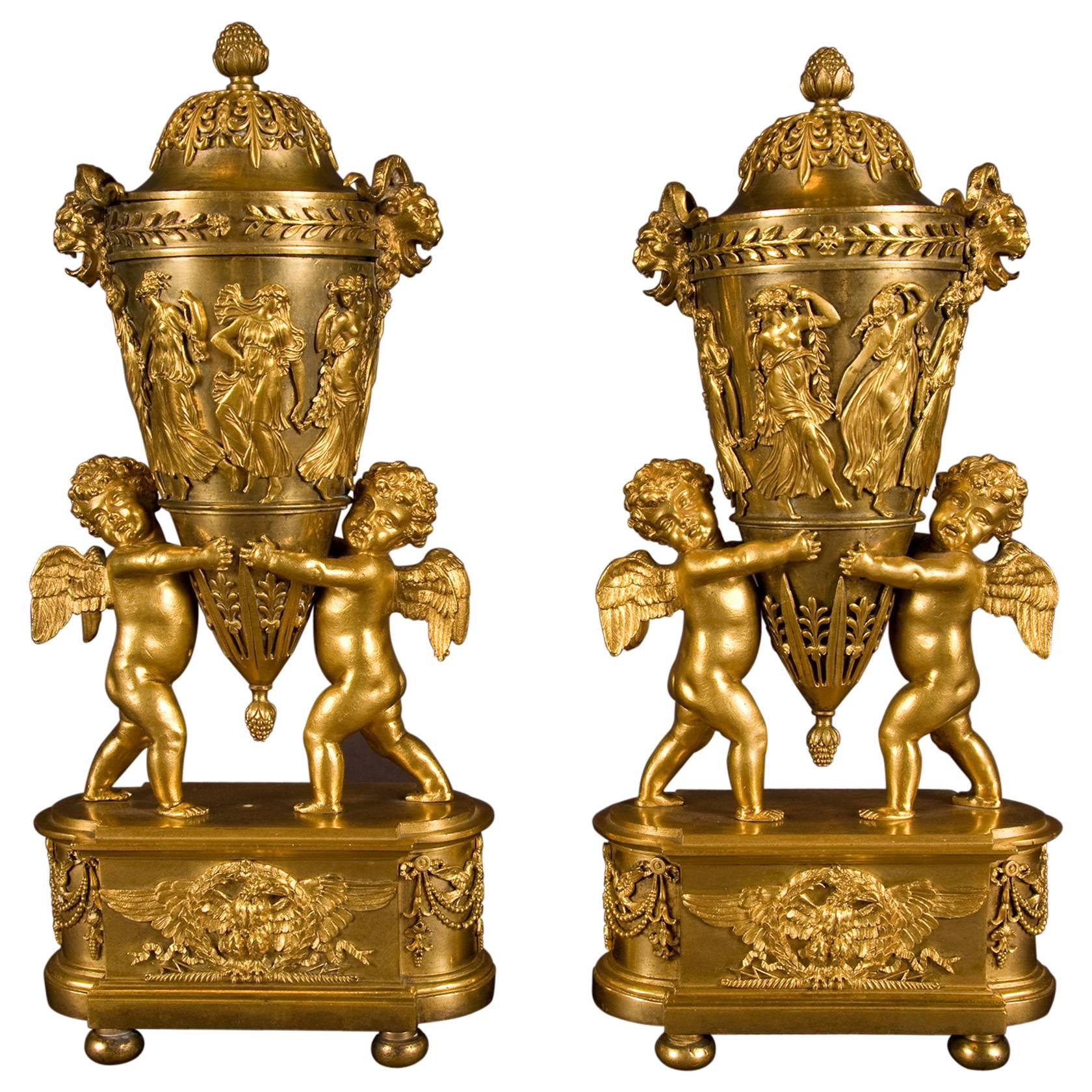  Pair of ormolu Vases and Covers possibly Russian Empire, Early 19th Century For Sale