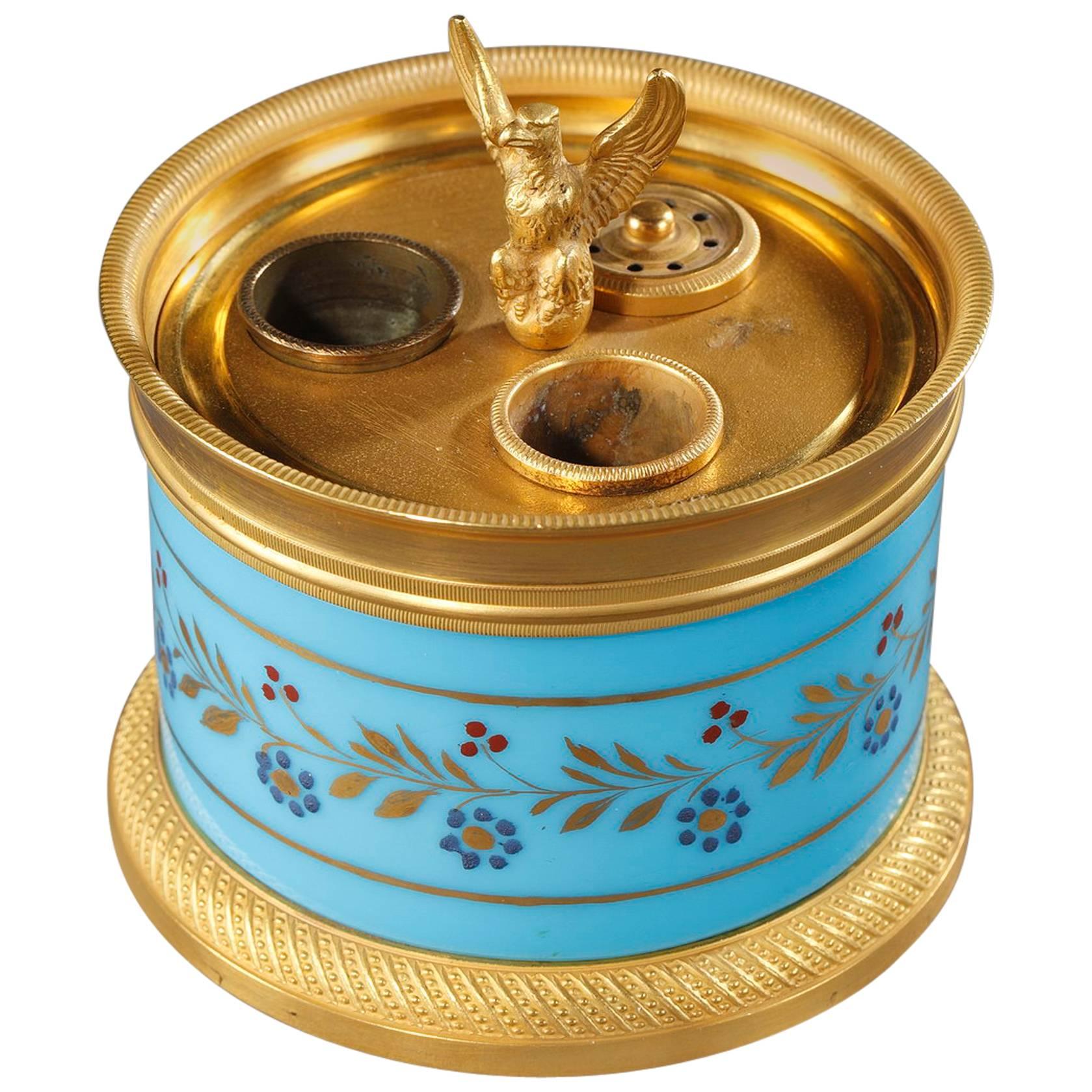 Charles X Inkstand in Blue Opaline and Gilt Bronze