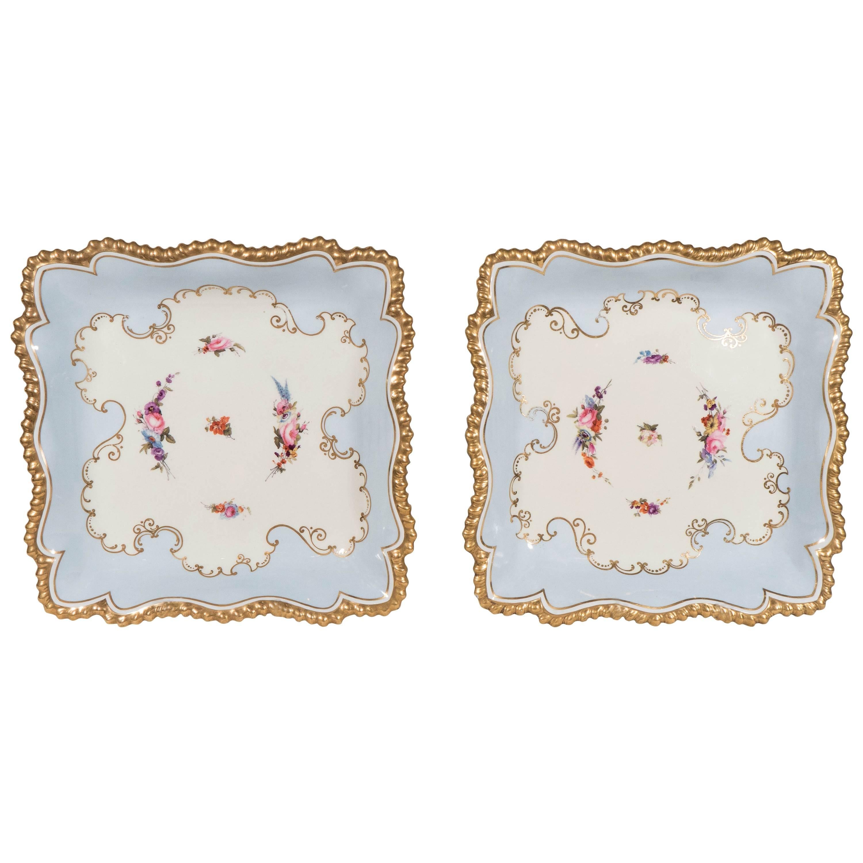 Pale Blue Worcester Porcelain Square Dishes Made in England circa 1820