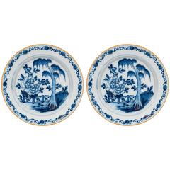 Blue and White Delft Chargers with Chinoiserie Garden Scenes