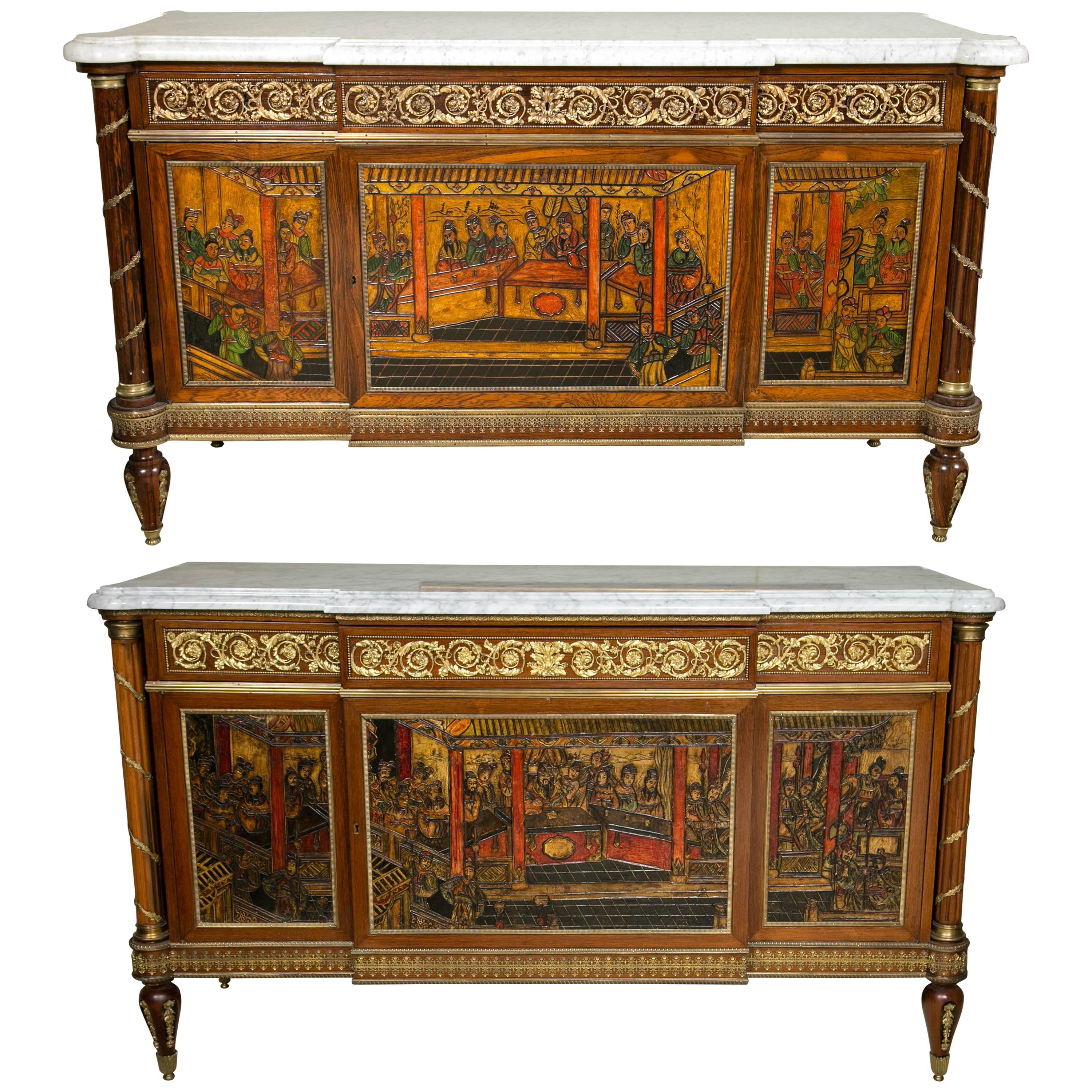 Pair of Louis XVI Style Compatible French Chinoiserie Style Commode Chests