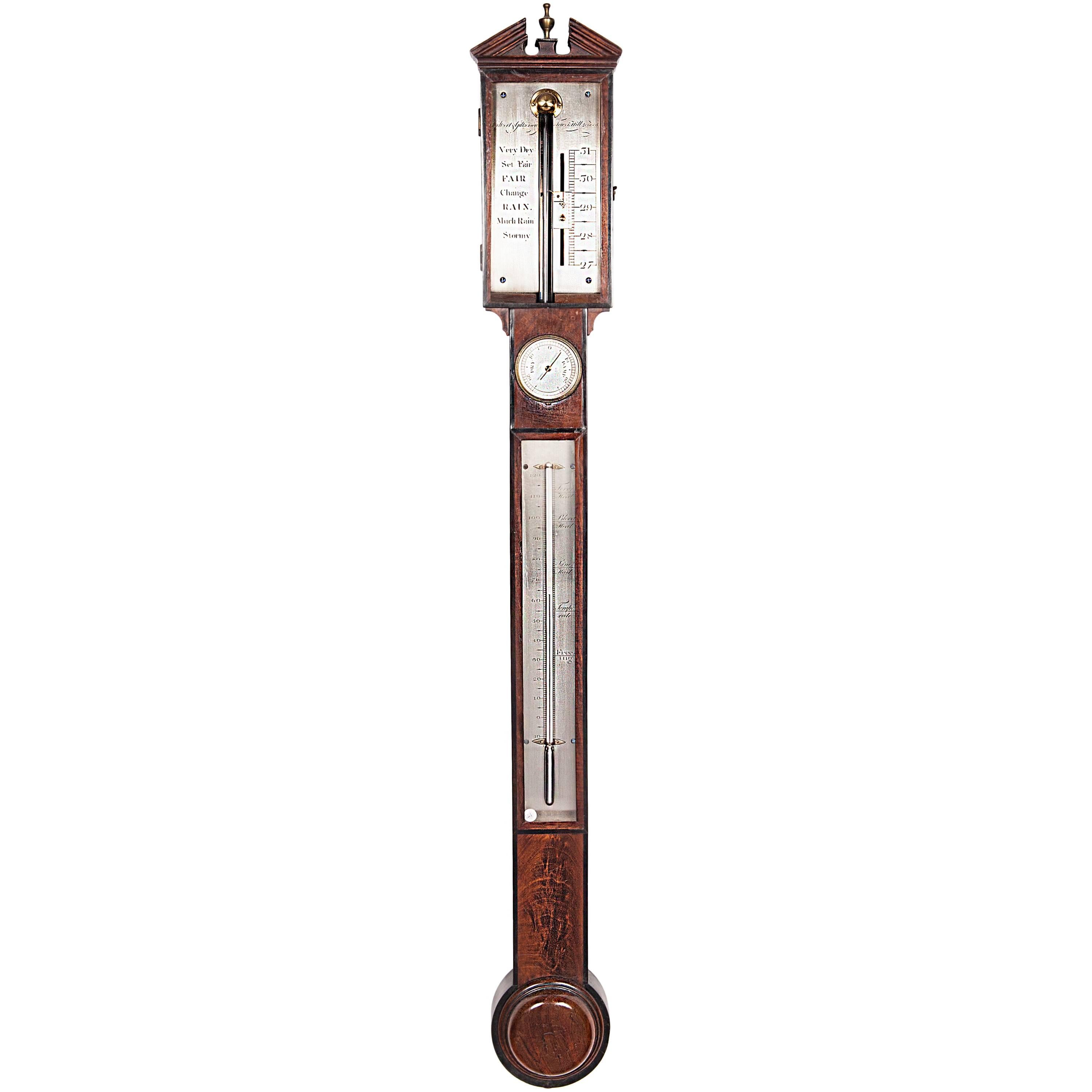 English Mahogany and Ebony Stick Barometer, by Gilbert Gilkerson, circa 1820 For Sale
