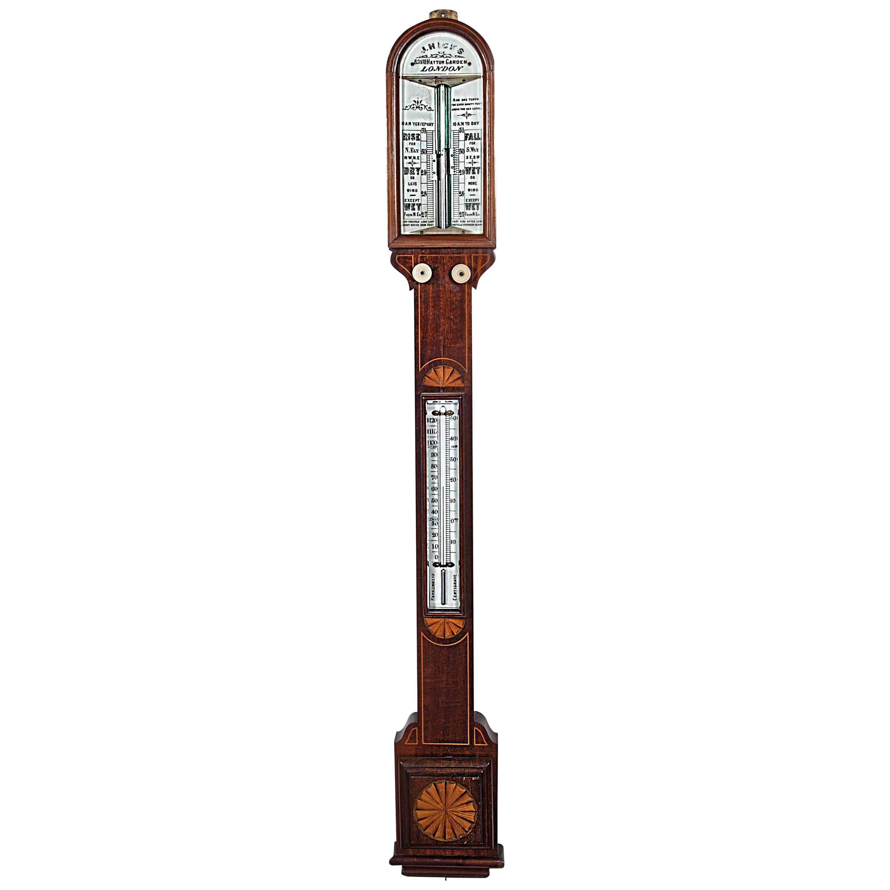 Good English Mahogany Marquetry Inlaid Stick Barometer, J. Hicks London For Sale