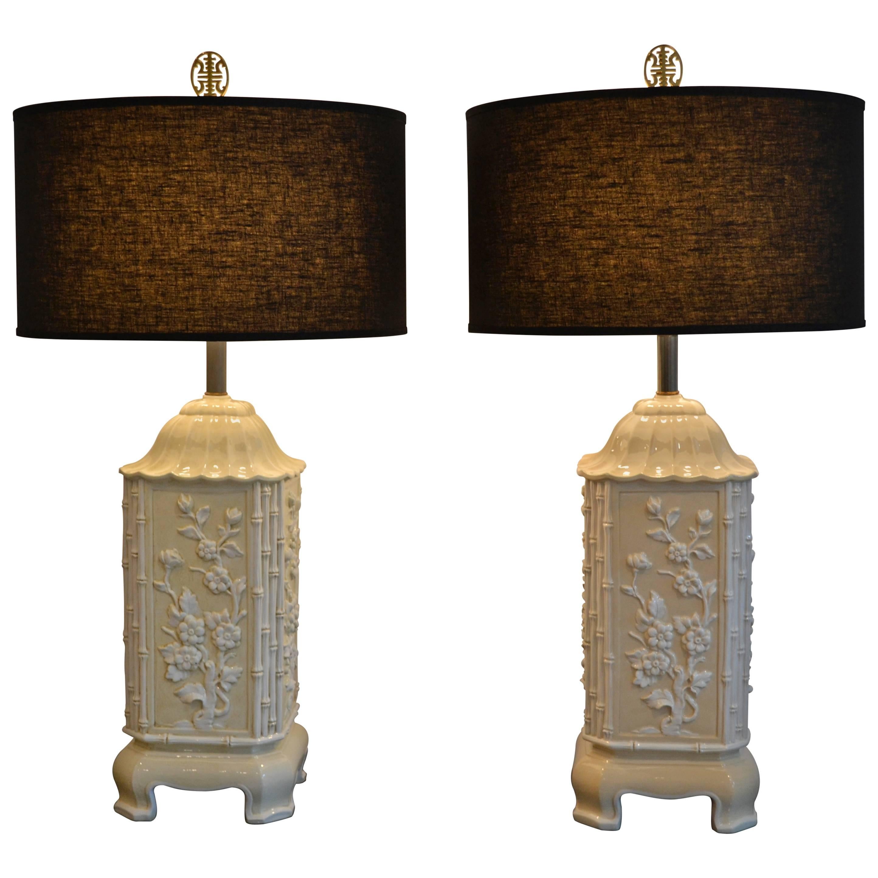 Pair of Ceramic Asian Bamboo and Floral Motif Cream and White Table Lamps, Italy