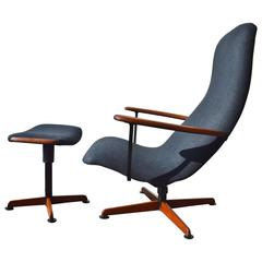Mad Men Swivel Recliner and Ottoman by Helmut Krutz, Restored in Charcoal