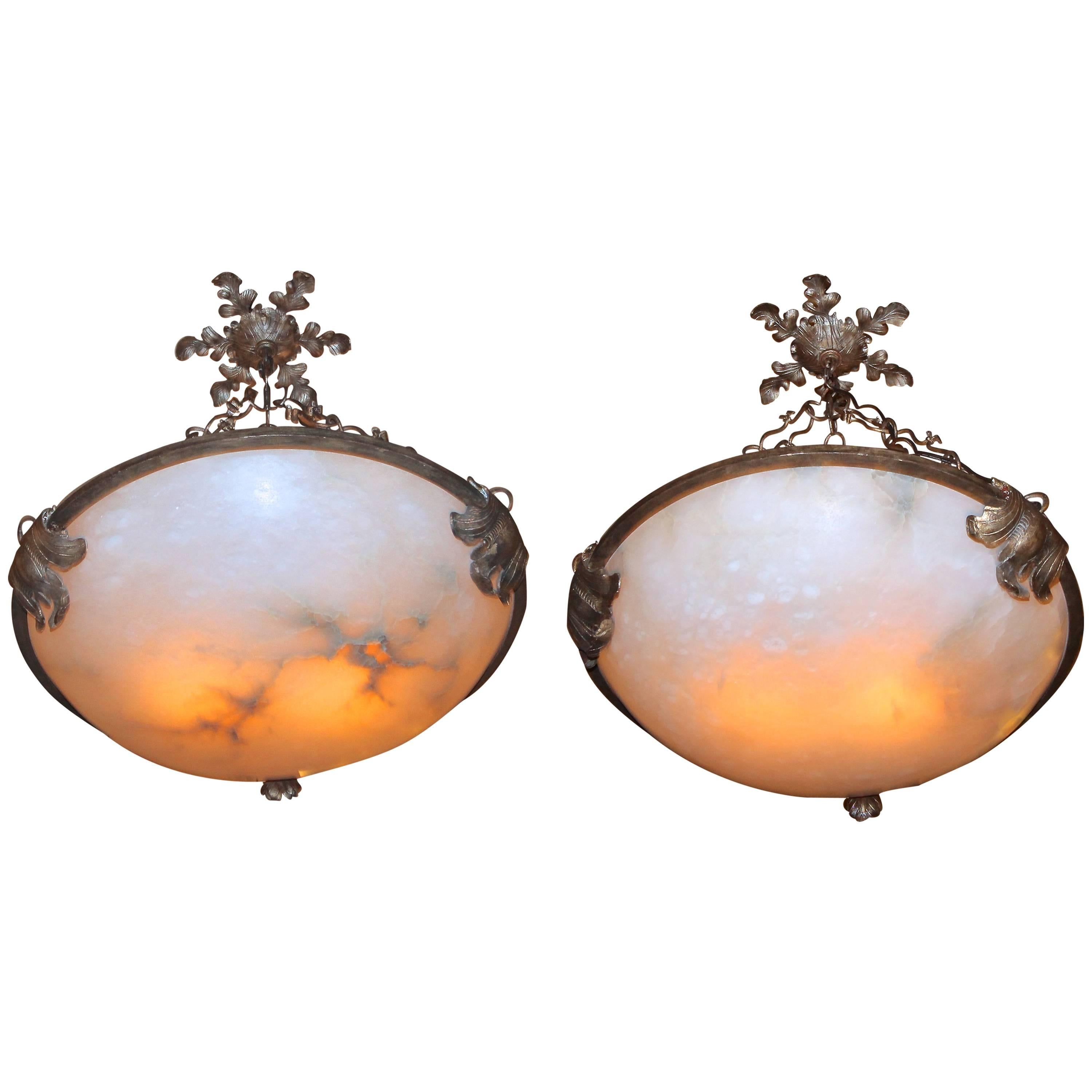 Pair of Large Alabaster and Wrought Iron Pendant Lights