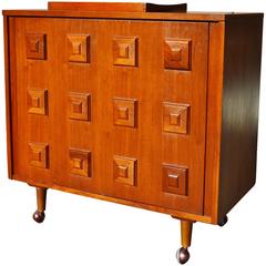Fab Mad Men Walnut Swivel Open Bar Cabinet, Stacked Squares Molding Detail