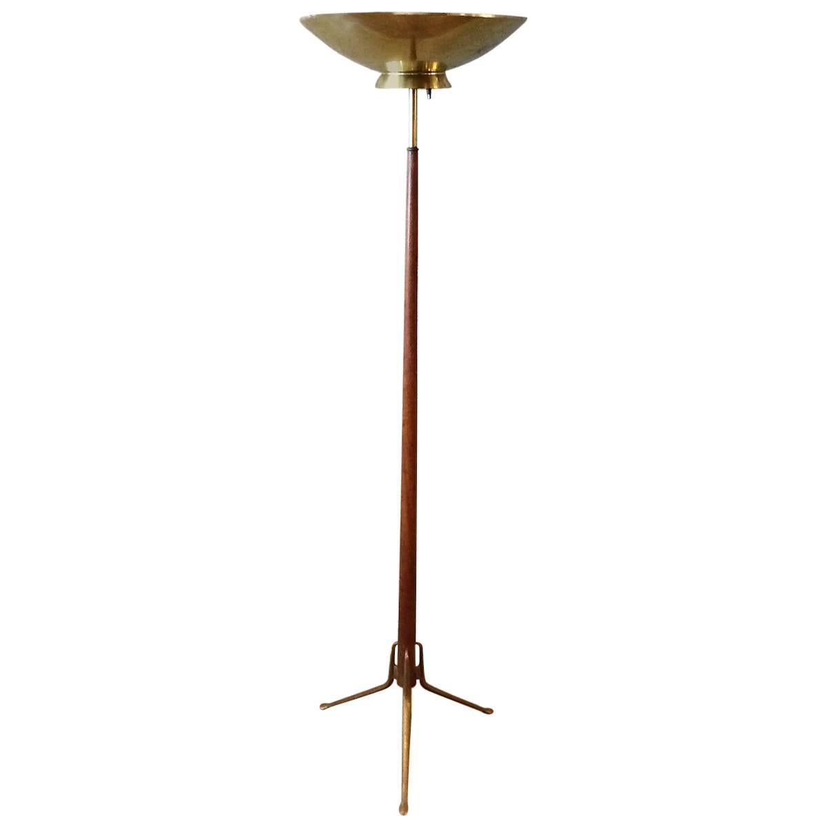 Walnut and Brass Torchiere Floor Lamp by Gerald Thurston for Lightolier