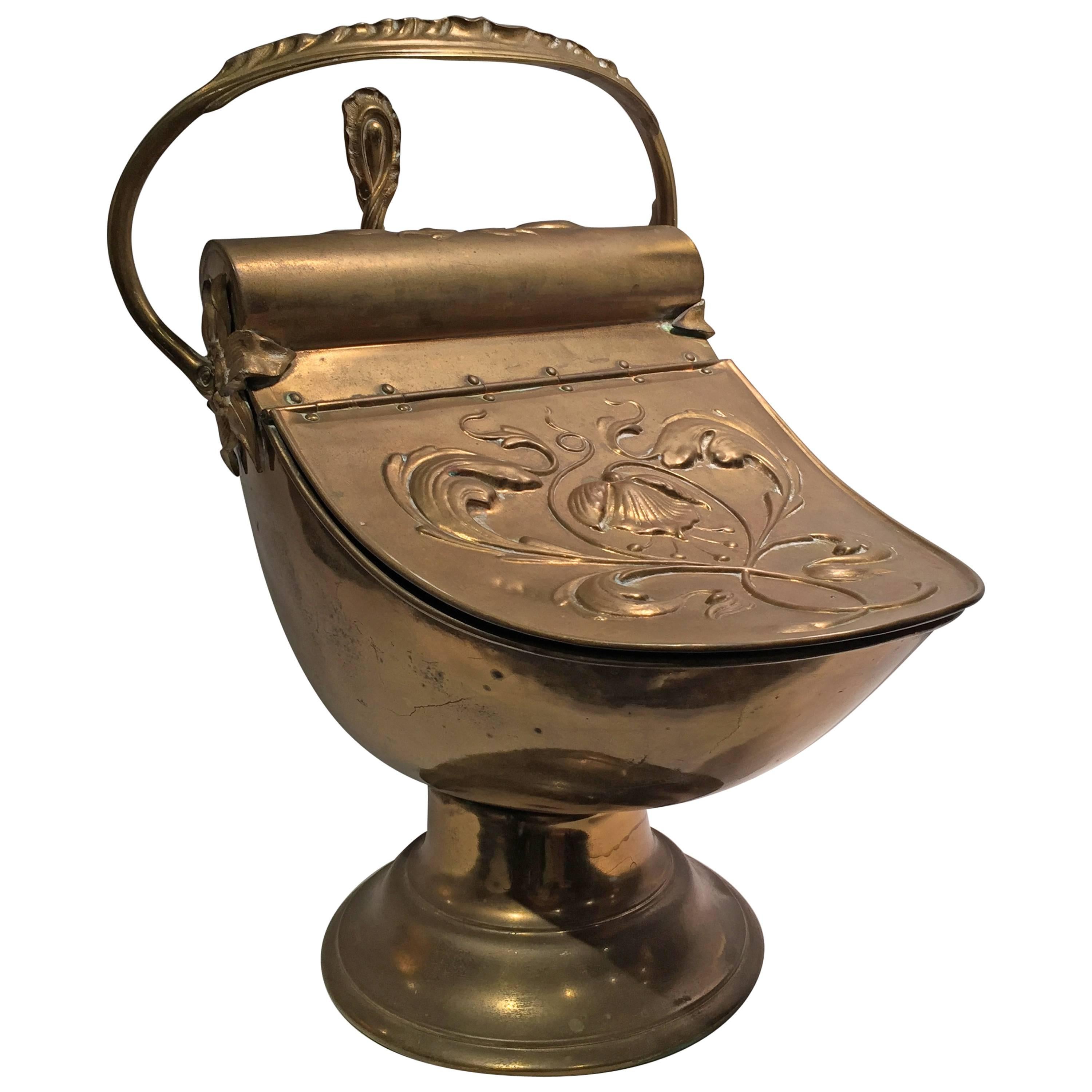 Antique Brass Art Nouveau Coal Scuttle with Shovel