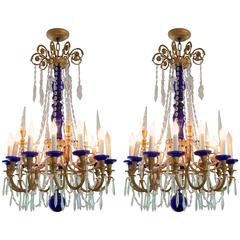 Wonderful Pair French Doré Bronze Cobalt Blue Glass Crystal Regency Chandeliers