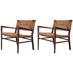 Pair of Vintage 1950s Smilow Walnut and Rush Lounge Chairs