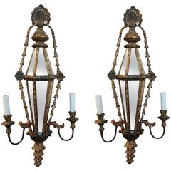 Pair of Italian Carved Wood Sconces with Mirrored and Electric
