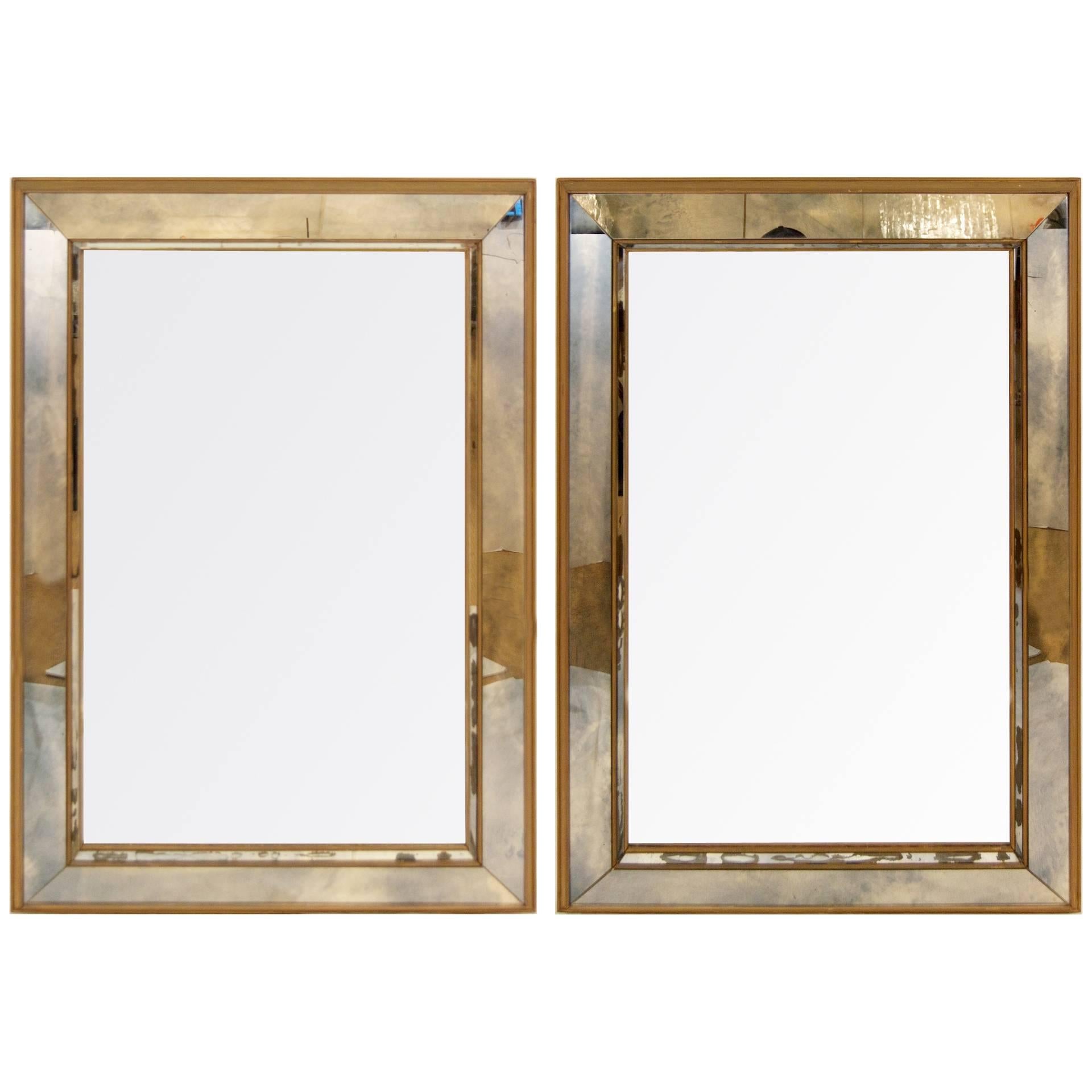 Pair of Giltwood and Antiqued Paneled Mirrors