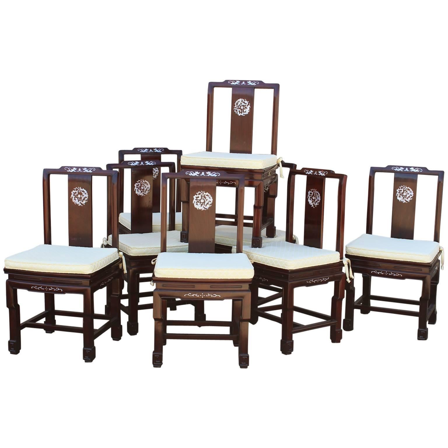 Chinese Rosewood and Mother-of-Pearl Dining Chairs, Vintage Set of Eight