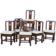 Chaises de salle à manger chinoises en bois de rose et nacre:: ensemble vintage de huit pièces