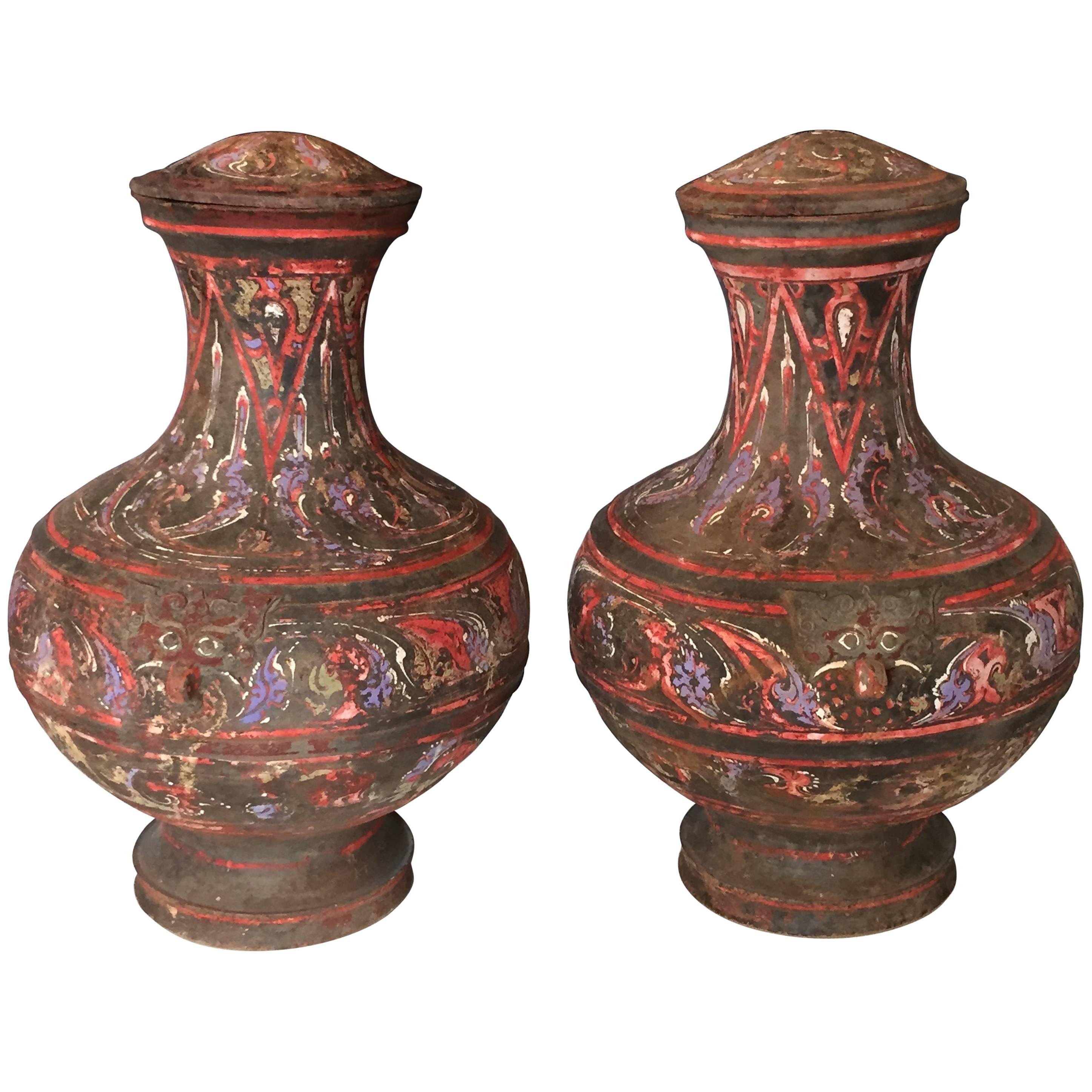 Pair of Large Han Dynasty Painted Pottery Jars and Covers  For Sale