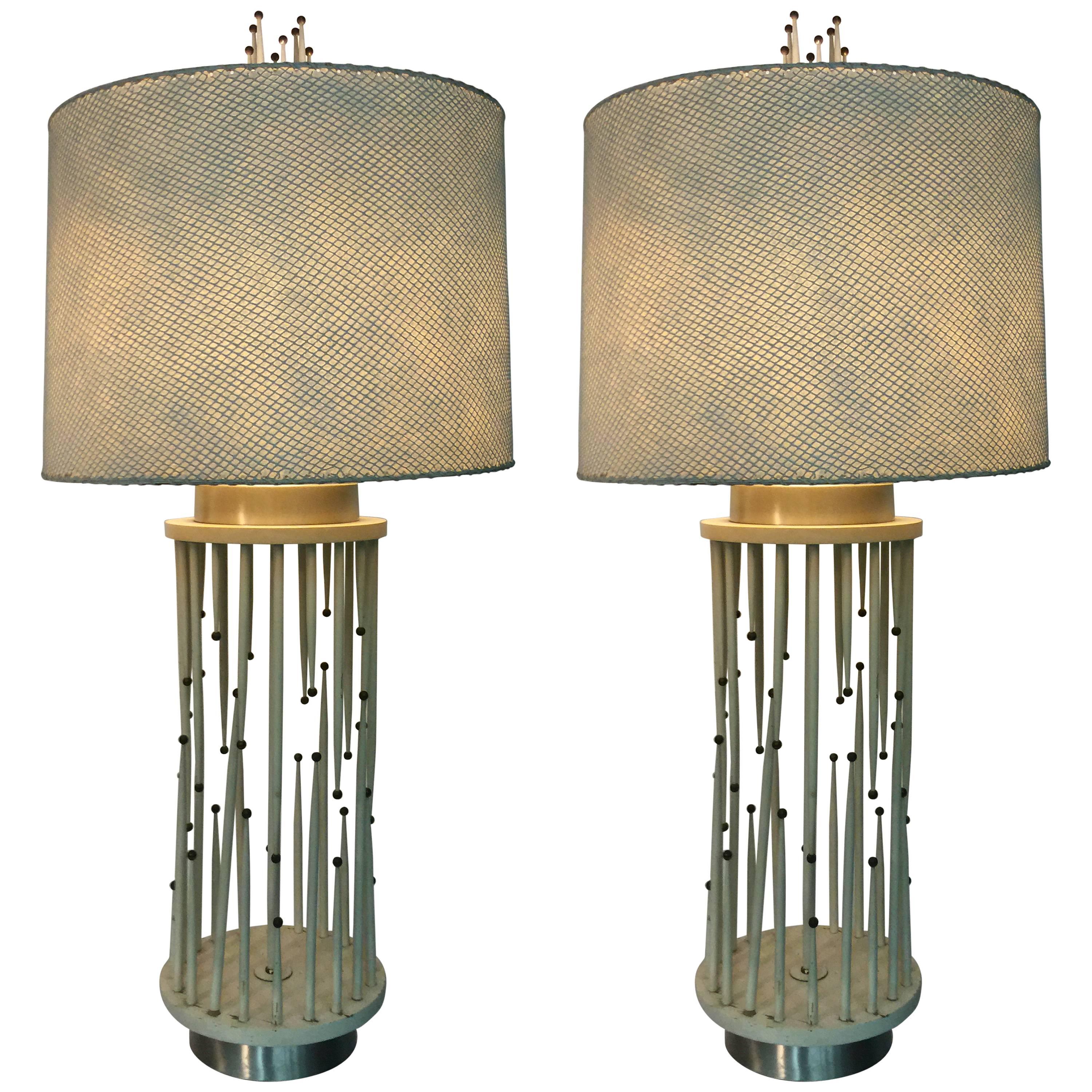 Great Pair of Modernist Wood & Brass Ball Table Lamps in the Style of Parzinger For Sale