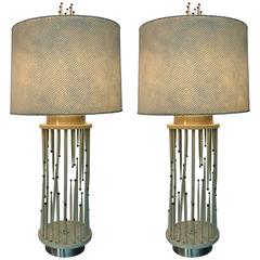 Great Pair of Modernist Wood & Brass Ball Table Lamps in the Style of Parzinger