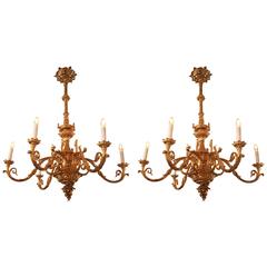 Pair of neo-Baroque Cast Iron Golden Color Six-Flamed Chandeliers, Germany 1850