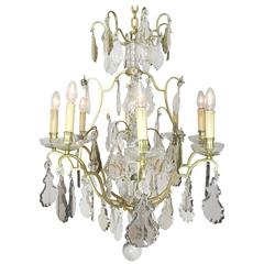 Antique 18th Century French Brass Chandelier with Eight Flames, Three-Colored Glass