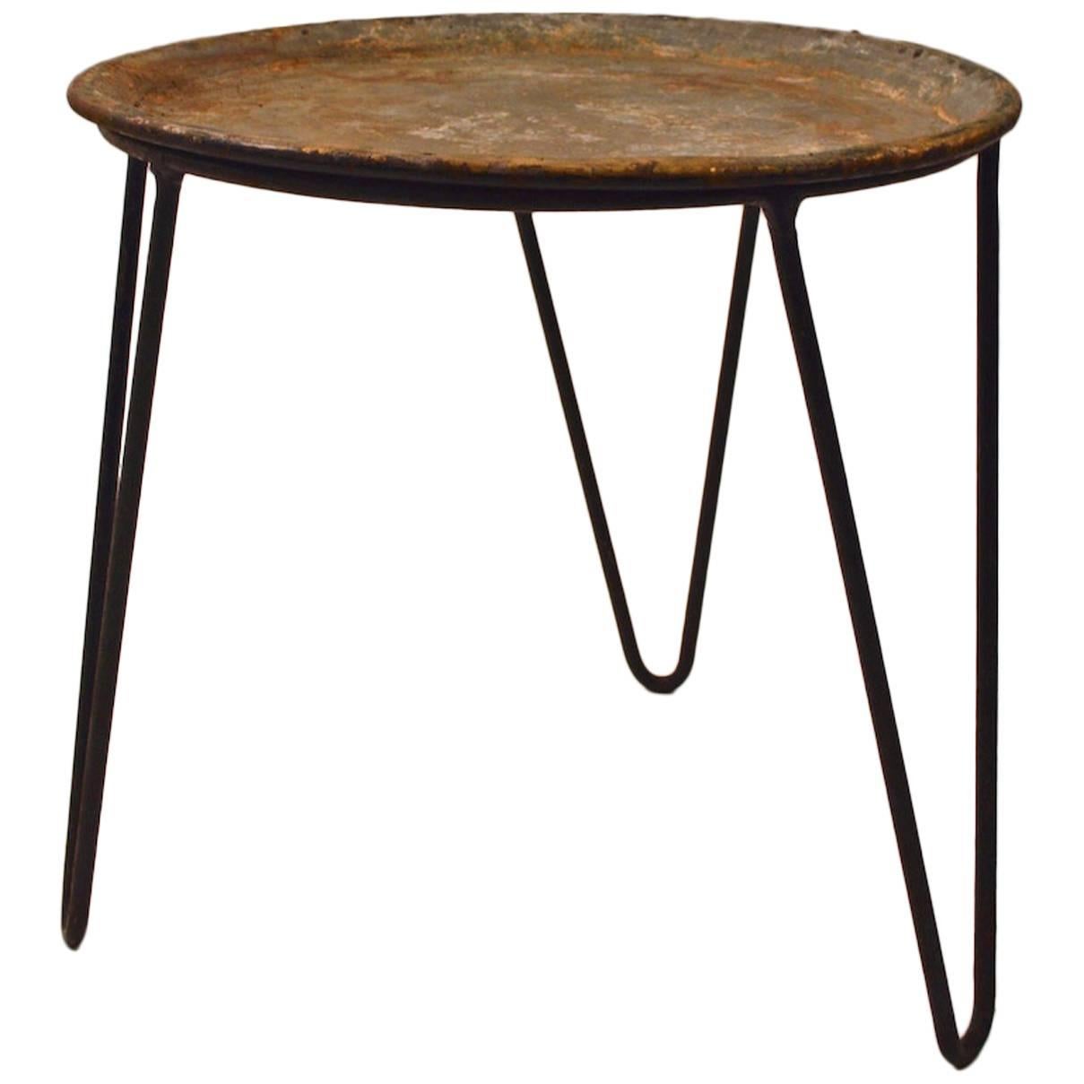 Round Wrought Iron and Zinc Plant Stand Tray Table with Hairpin Legs