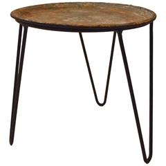 Vintage Round Wrought Iron and Zinc Plant Stand Tray Table with Hairpin Legs