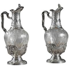 Pair of Cut Crystal Ewers Set in Silver 12