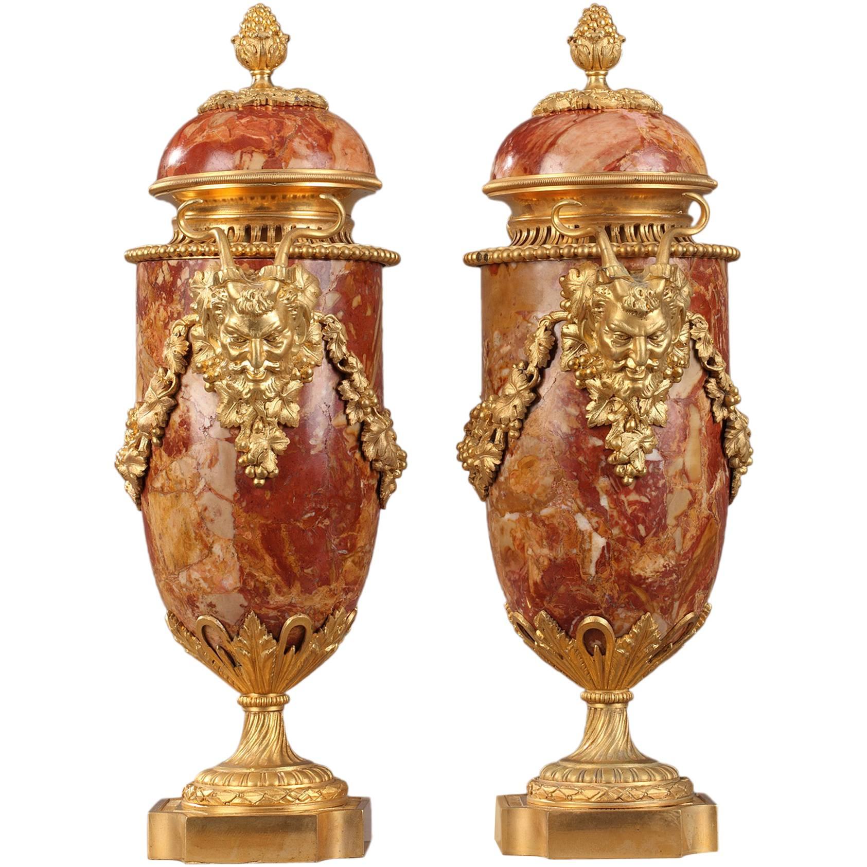 Pair of Marble and Ormolu Vases with Satyr Heads, 19th Century