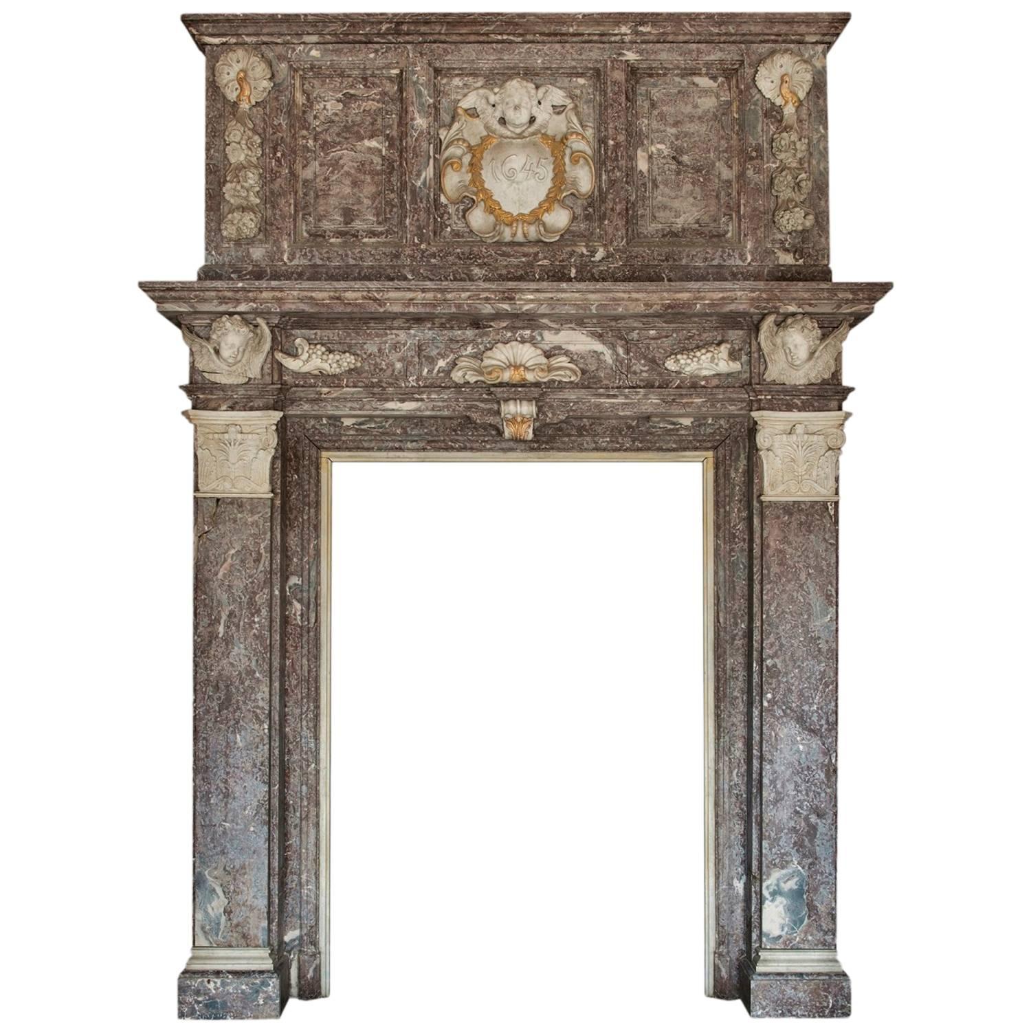 17th Century Monumental Chimneypiece Royal Red and Carera Marble For Sale