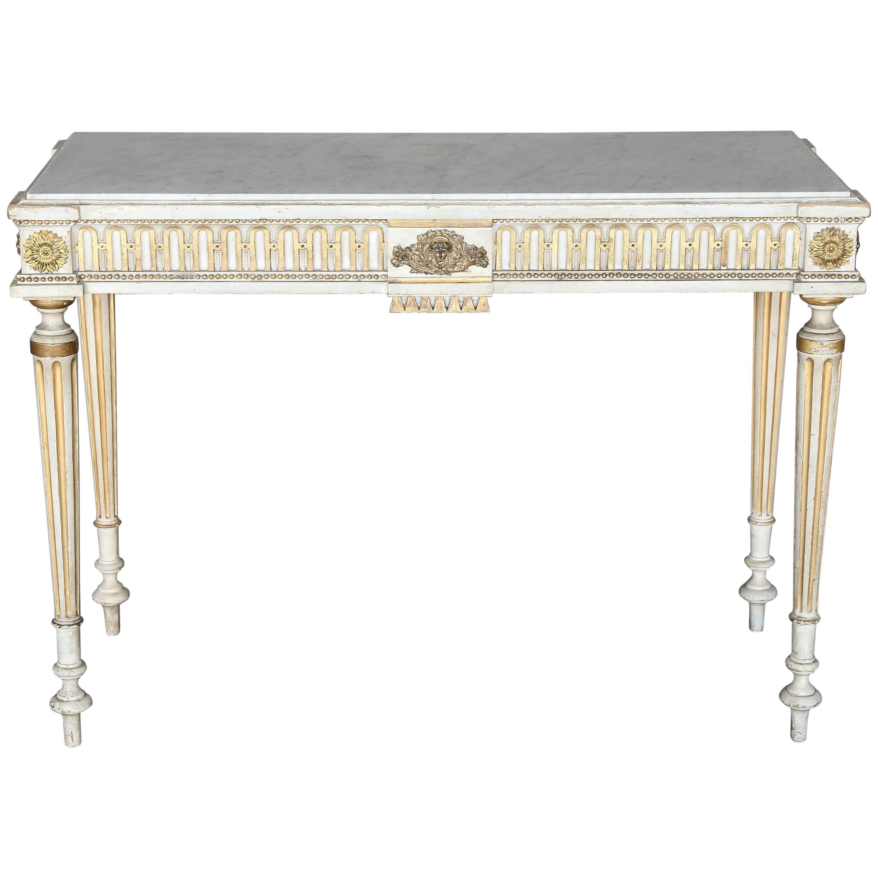 Narrow Louis XVI Style French Console with Marble Top For Sale